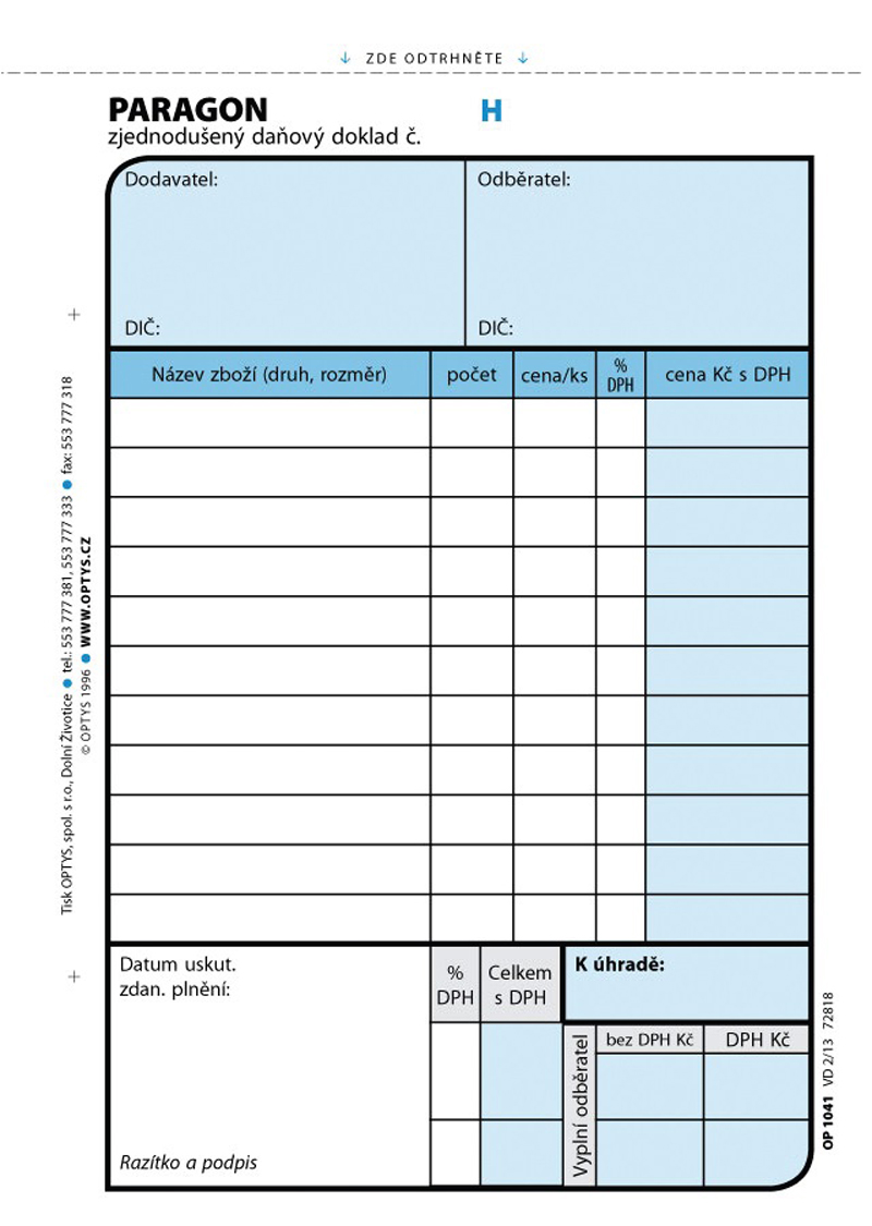 1041 Paragon daňový doklad A6 2x50 číslovaný