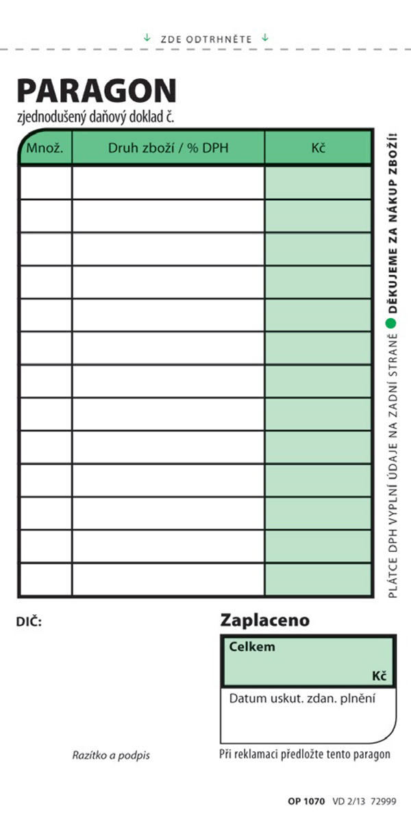 1070 Obchodní paragon nečíslovaný/100l 7,5x15cm