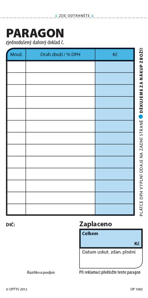 1092 Obchodní paragon 2x50 číslovaný  7,5x15cm