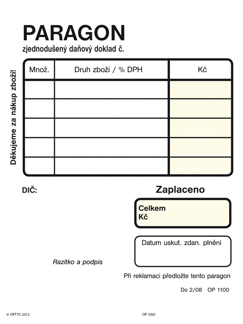 1100 Obchodní paragon 100l NCR nečísl. 7,5x9,5cm