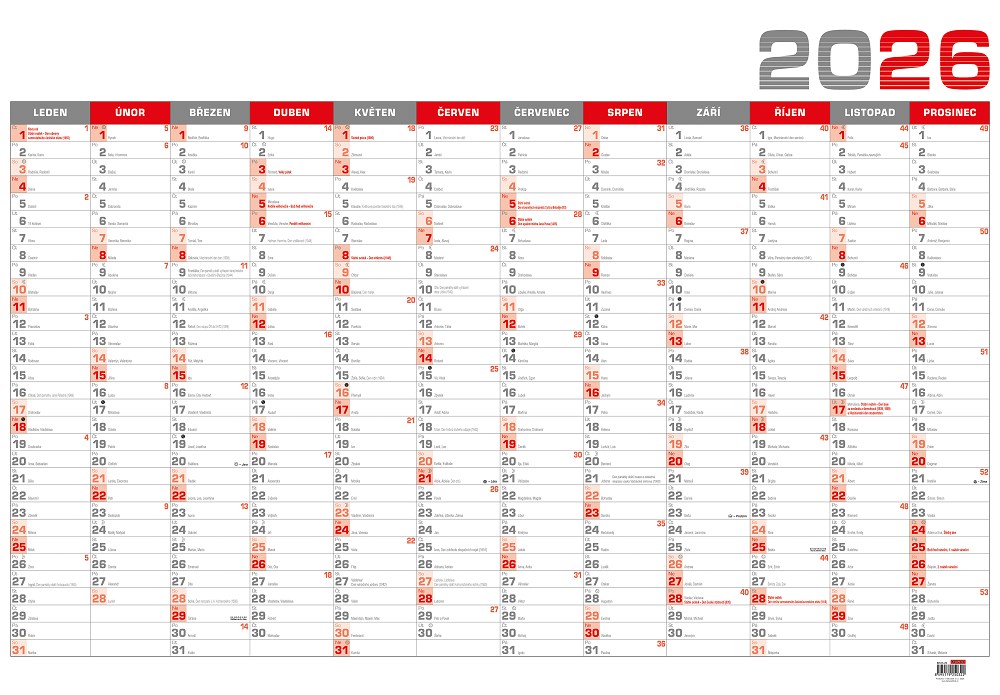 *B26  BKA5-26  Nástěnný roční kalendář B1 - červený