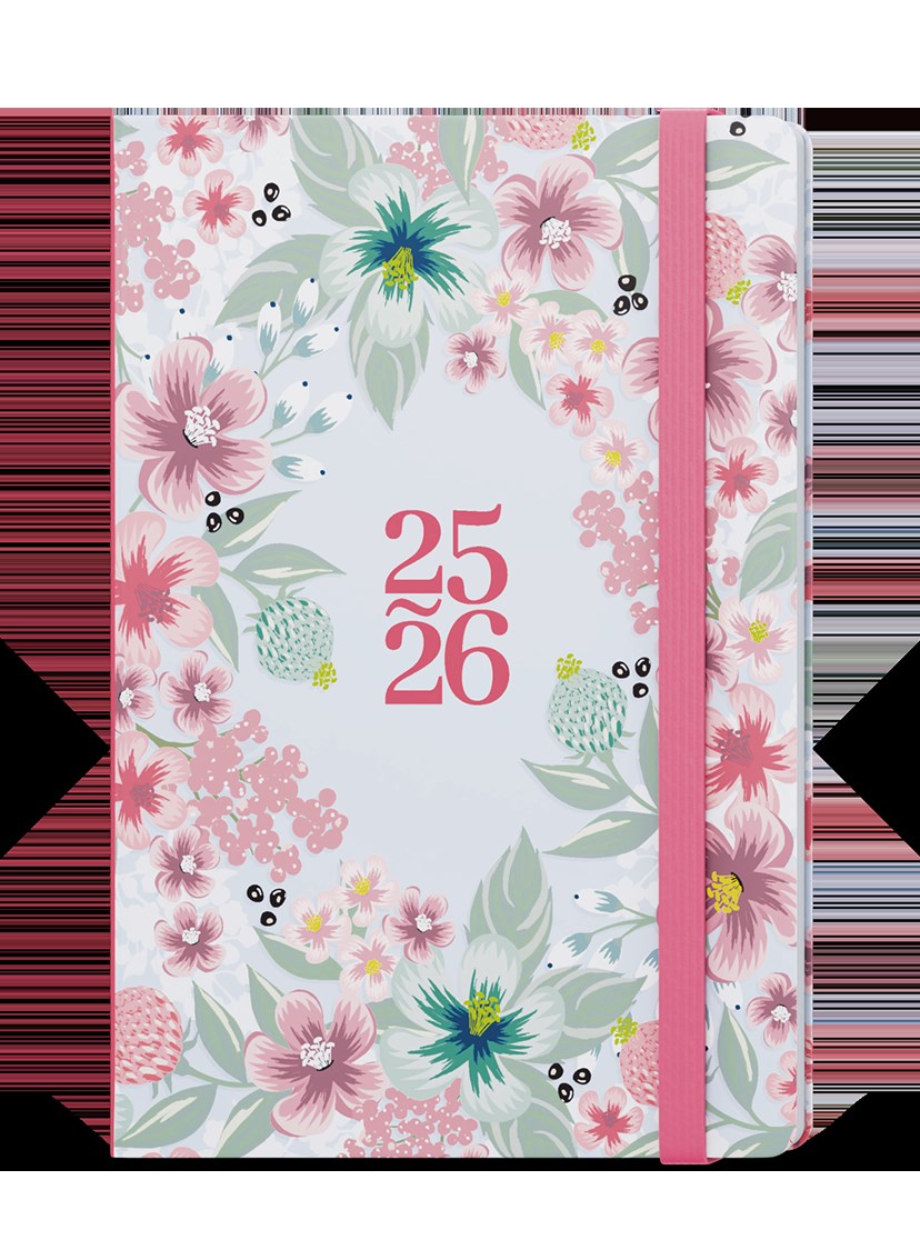 *B26  BLU9-1-26  18měsíční týdenní diář - Lungo - B6 - Květy , parciální lak, gumička světle růžová