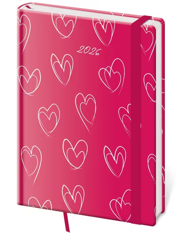 *H26  DV422-13-26   Diář denní A5 Vario - Hearts s gumičkou , 145x205