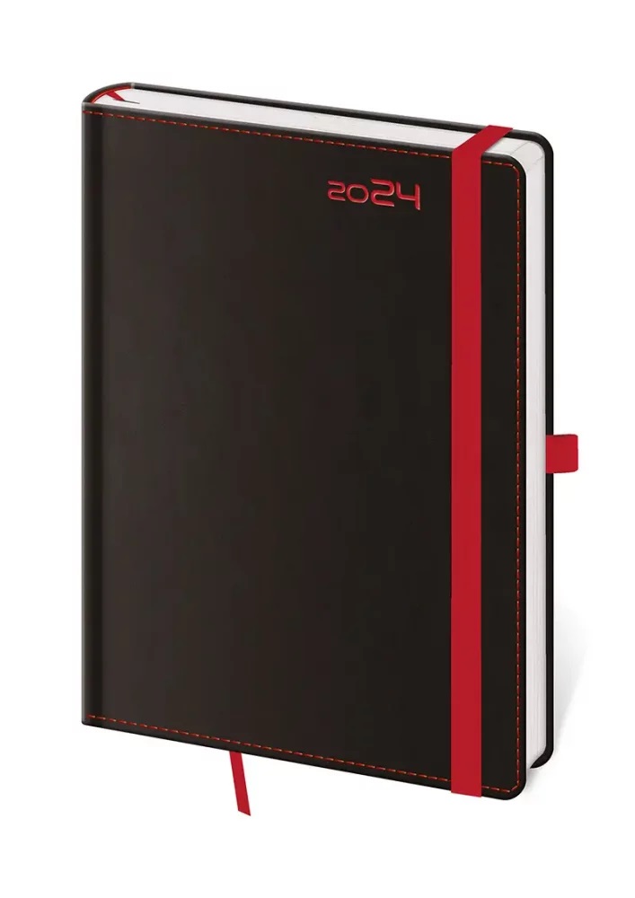 *H27  DB422-1-24  Diář denní A5 Black Red s poutkem na propisku  ,  143x205